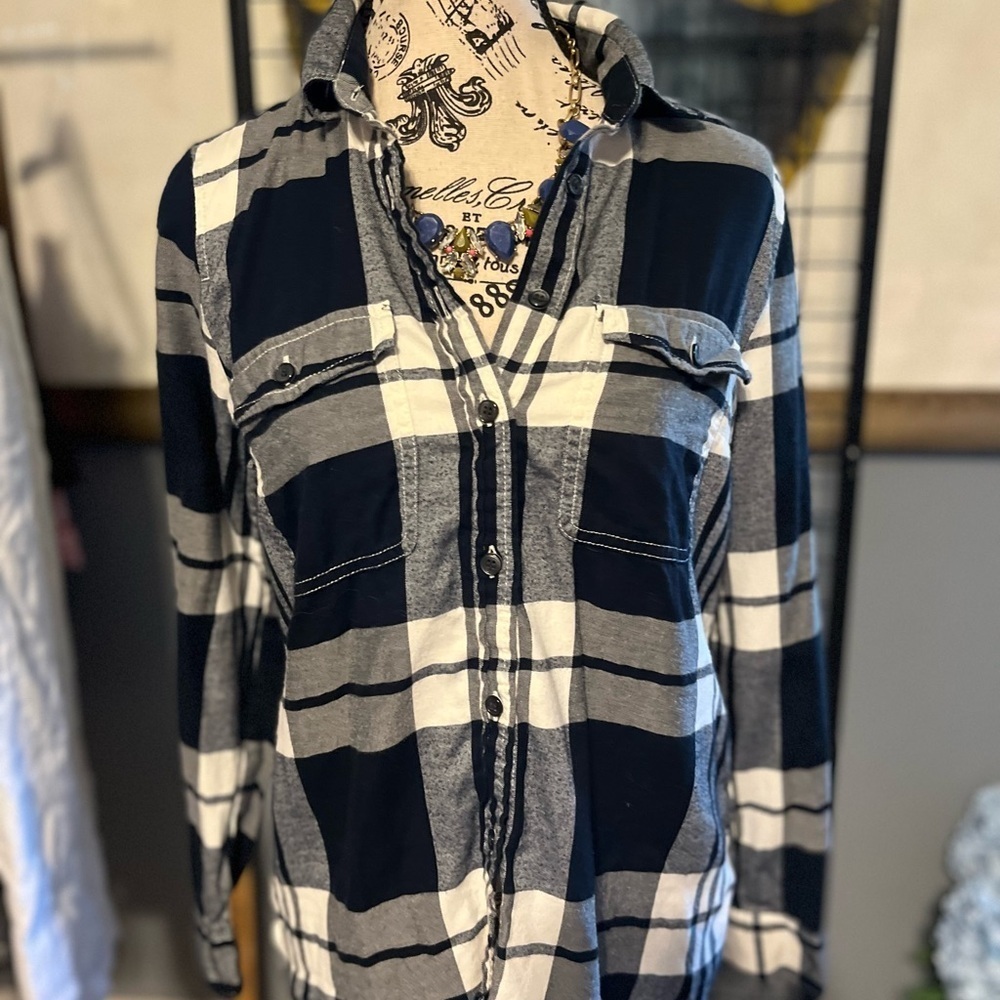 J. Crew Navy and White Plaid Button Down Shirt flannel cotton